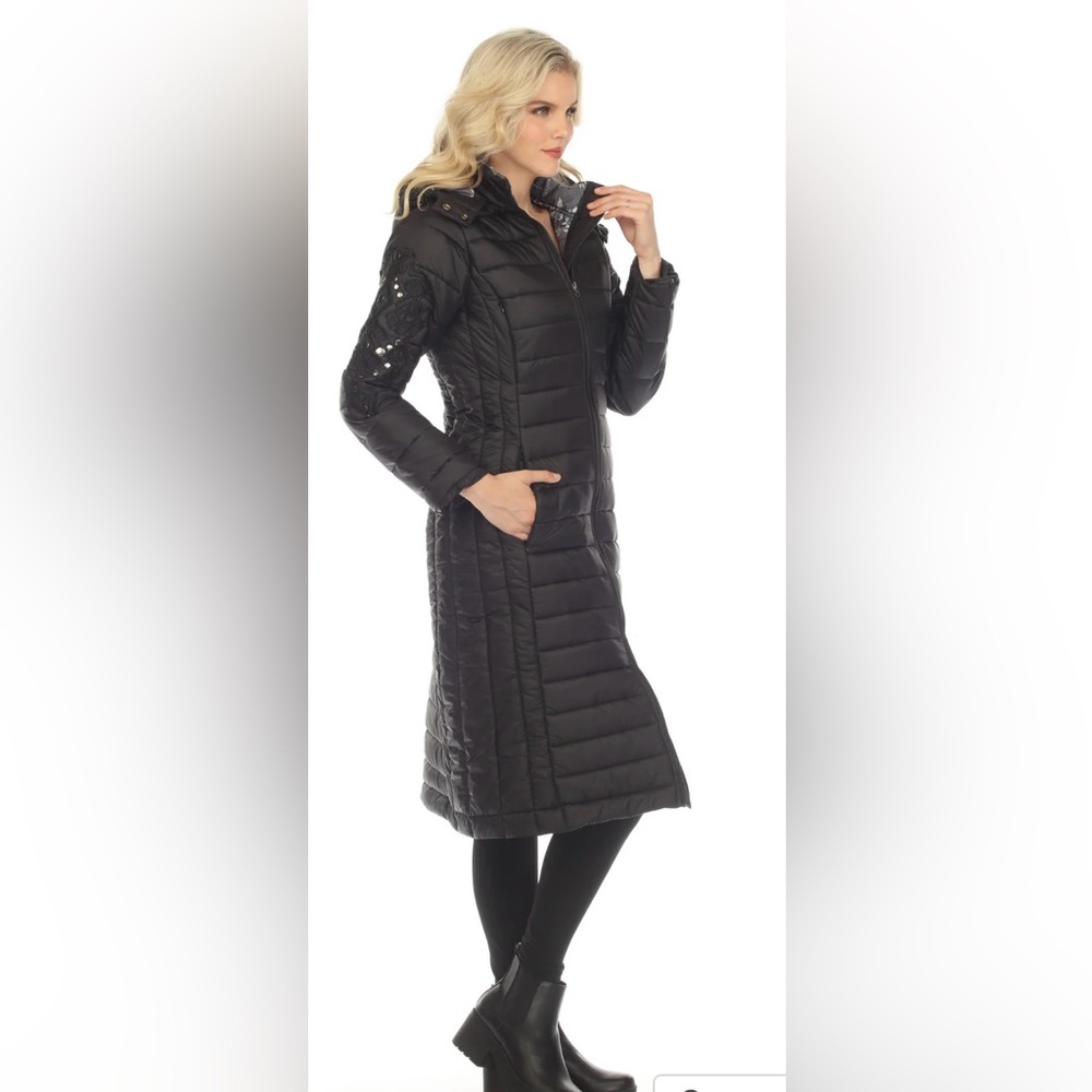 Johnny Was Black Sano Ski Zip Front Hooded Long Puffer Coat - Picture 3 of 10